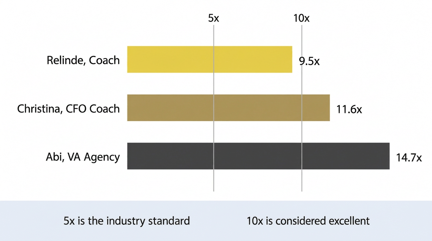 ROAS comparison: 9.5x, 11.6x, and 14.7x Return on Ad Spend versus the 5x industry standard and 10x considered excellent